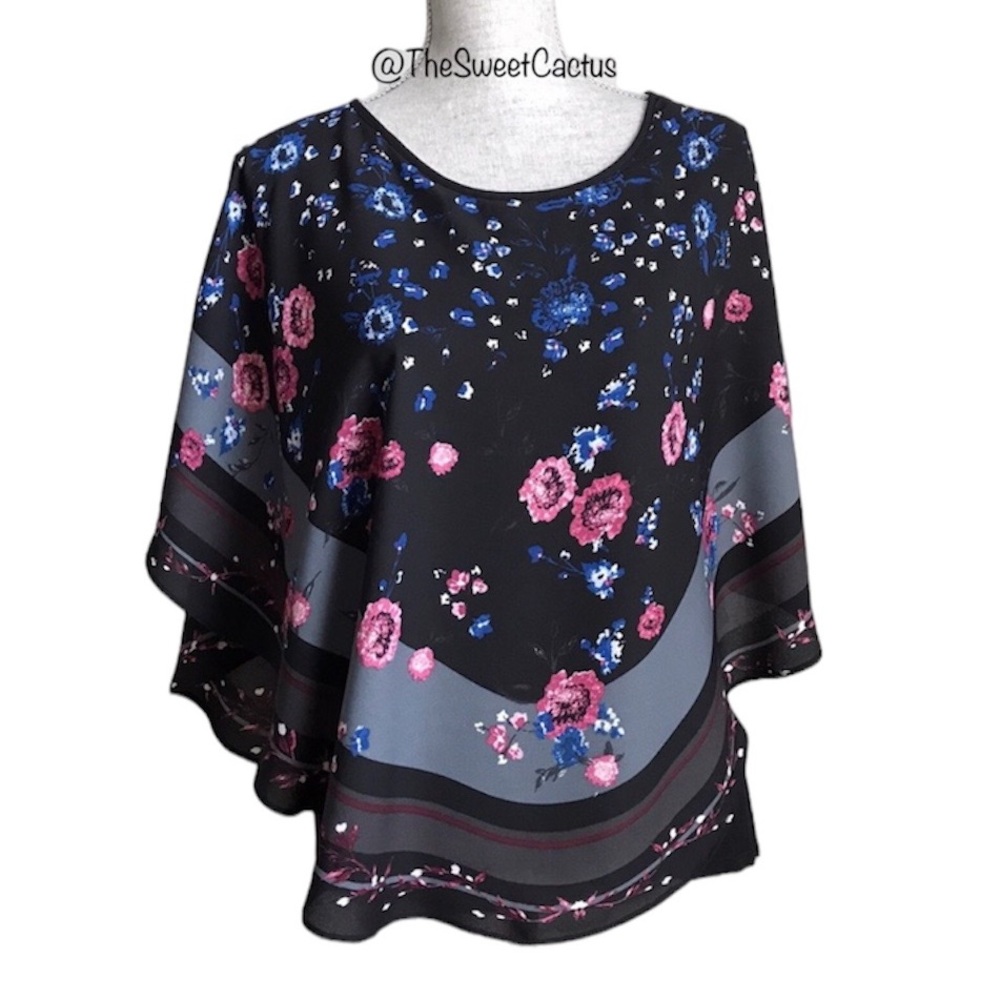 Elle Poncho Blouse Chiffon Floral Rose Top Size Small